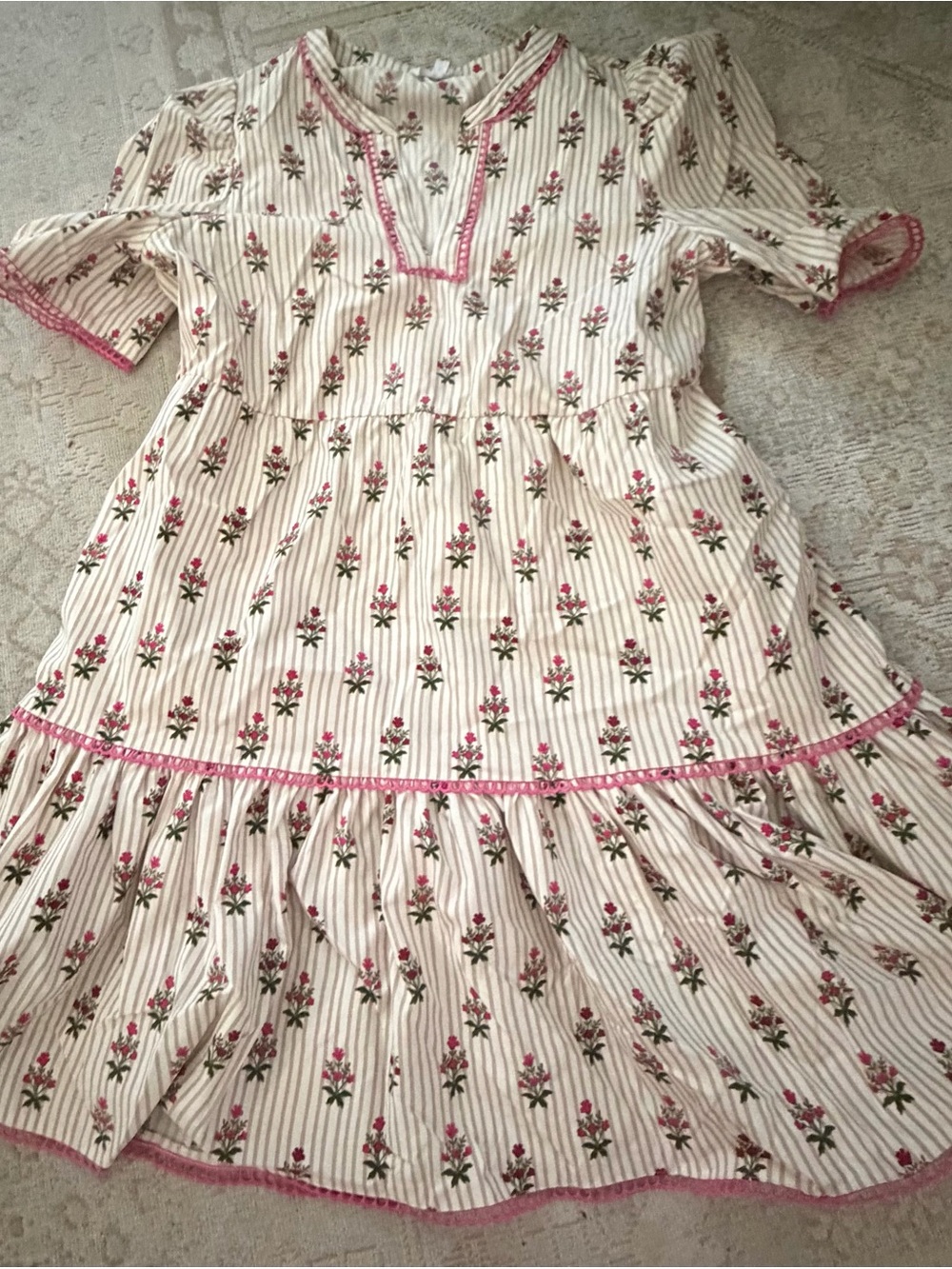 Mary Square Floral Stripe Cotton Peasant Dress in White and Pink